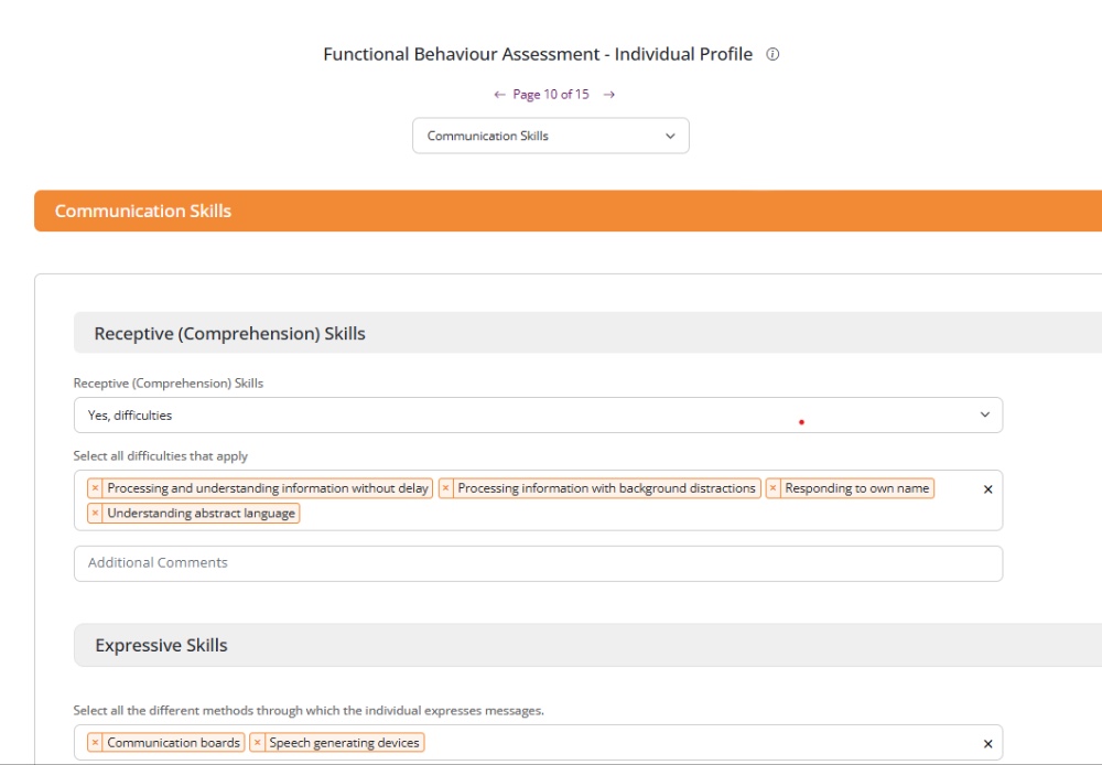 Screenshot of the Behaviour Help App showing the Functional Behaviour Assessment ‘Assess Stage – Individual Profile’ screen, part of the behaviour tracking app, with tools for creating person-centred profiles to support FBAs, PBS plans, and NDIS behaviour support.