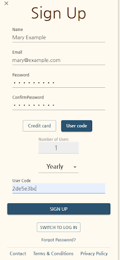 login form with user code