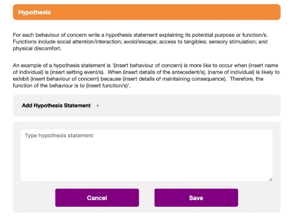 Screenshot of the Behaviour Help App’s Assess Stage – Hypothesis screen, showing analysis of behaviour data to identify triggers, reinforcement patterns, and the likely function of behaviour.